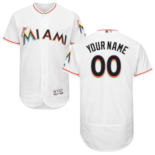 Men Miami Marlins Majestic Home White Flex Base Authentic Collection Custom MLB Jersey